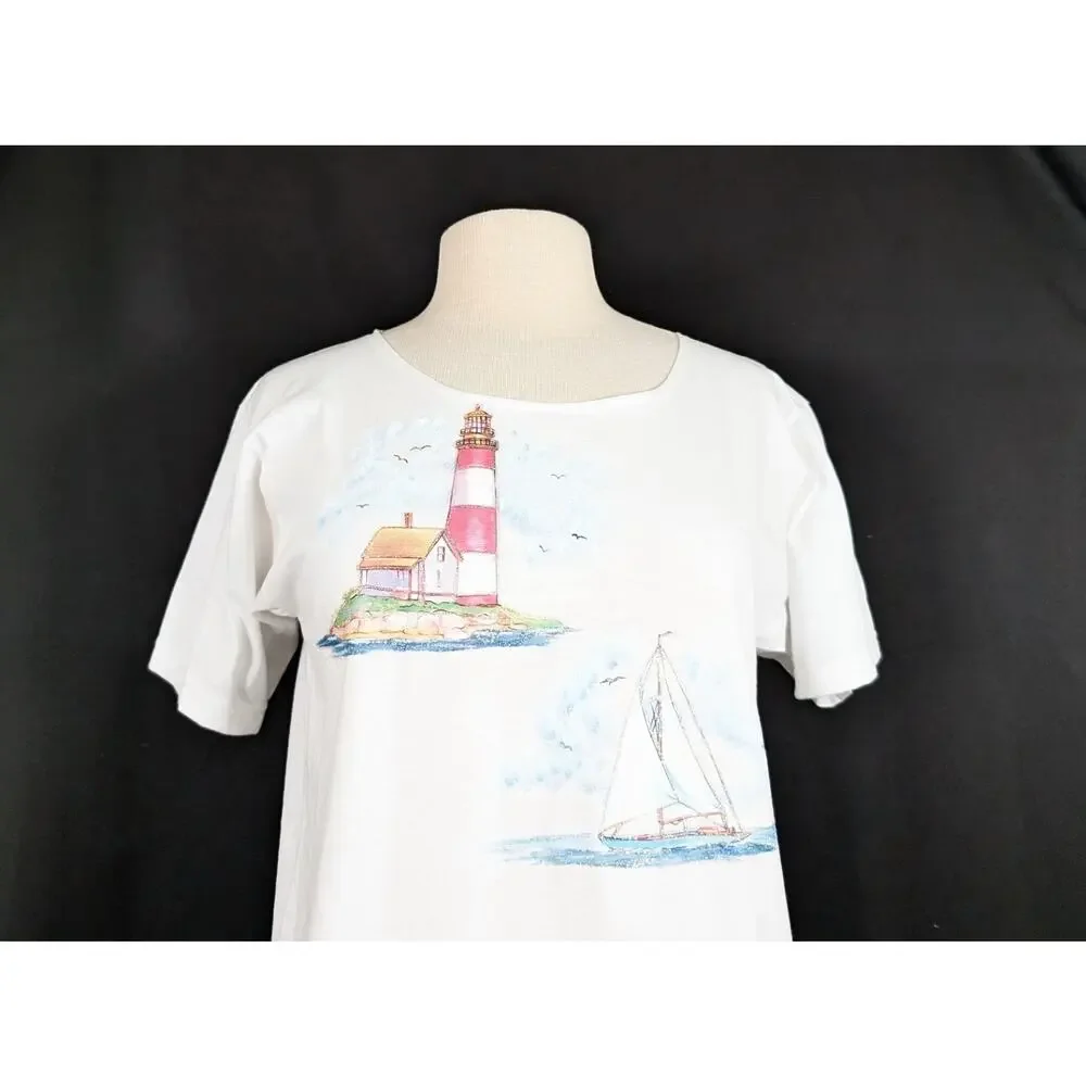Vintage 90s Top White Lighthouse Beach Sailboats Short Sleeve Misses Size M - Picture 2 of 8